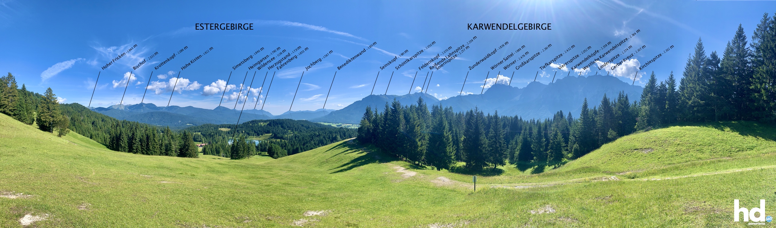 Großer Kranzberg Mittenwald - Blick zum Wildensee, Estergebirge und Karwendelgebirge - Foto © HD-Panorama